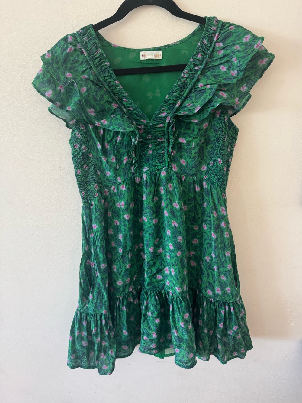 Roller Rabbit Green Floral Ruffle Dress with Pink Accents, Medium